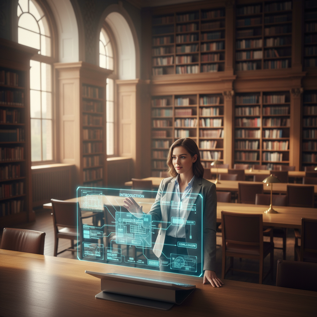 A focused researcher practicing a presentation in a wood-paneled library with modern digital interfaces discreetly integrated.