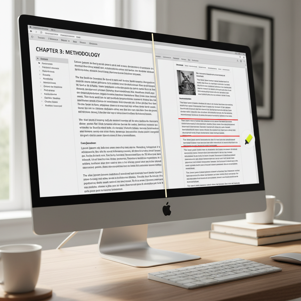 A split screen showing a generated text and its source material for verification.