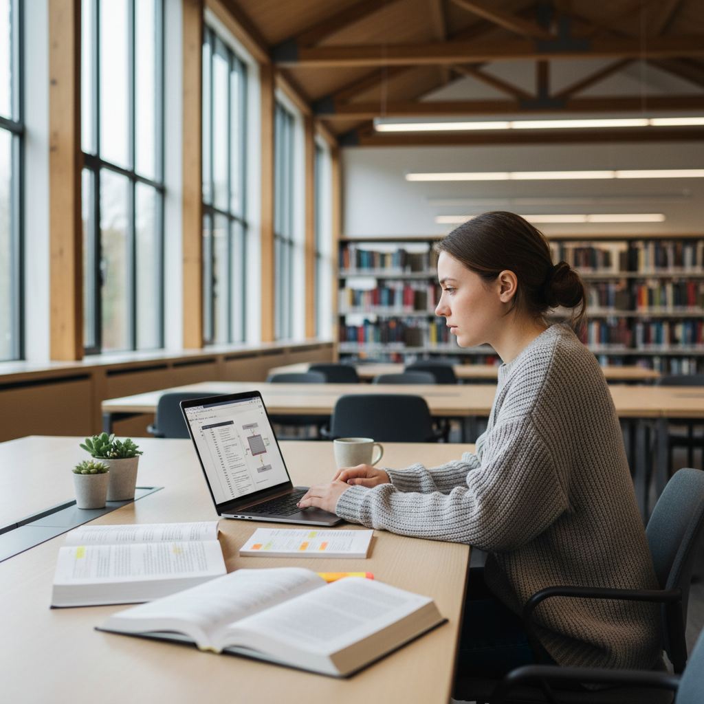 A focused PhD student in a modern university library using a sleek laptop with academic papers and a coffee cup nearby.