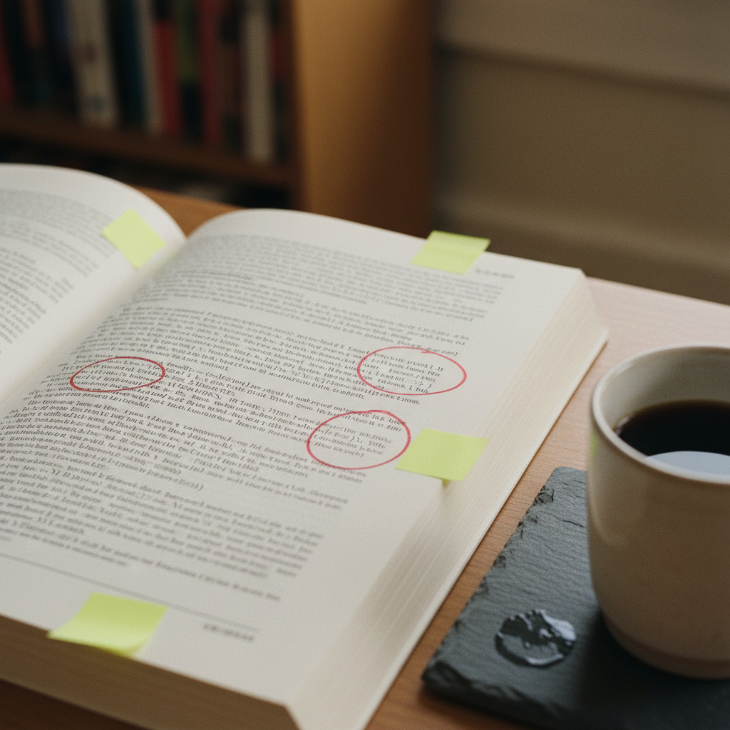 A close-up of a printed manuscript with red ink annotations and sticky notes, showing the process of critical review and revision.