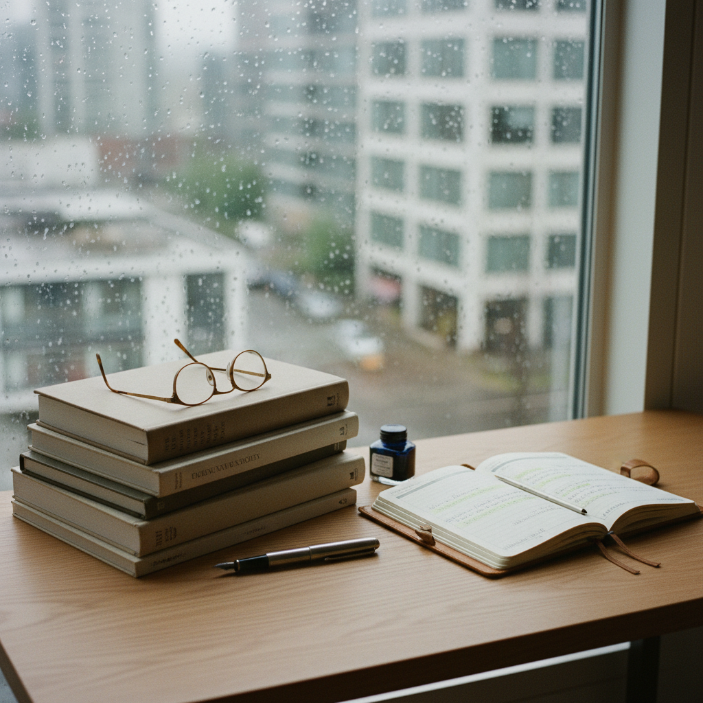 A high-angle shot of a clean wooden desk in a bright Canadian library with a stack of thick academic journals, a pair of glasses, and a notebook with handwritten citations.