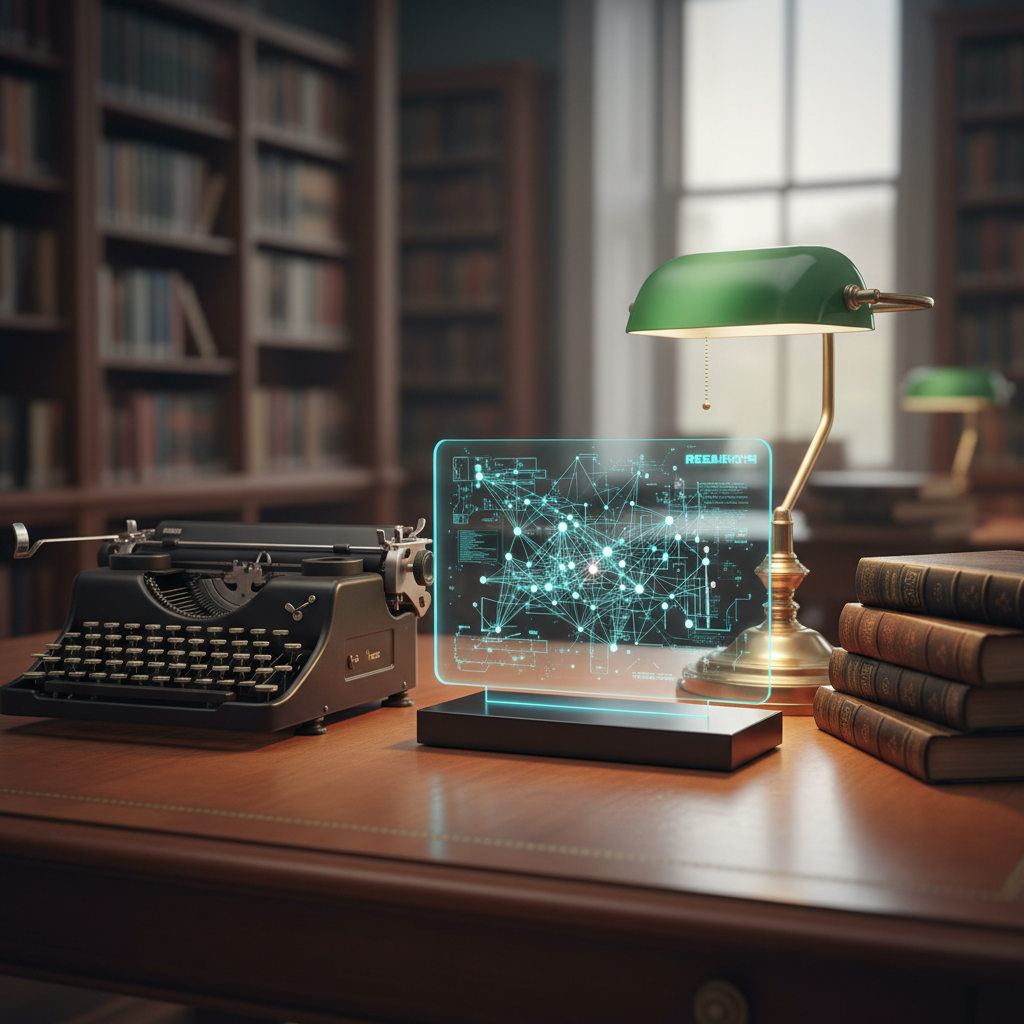 A researcher’s desk with a typewriter, a stack of academic journals, and a glowing futuristic digital interface floating above the desk showing structured data.