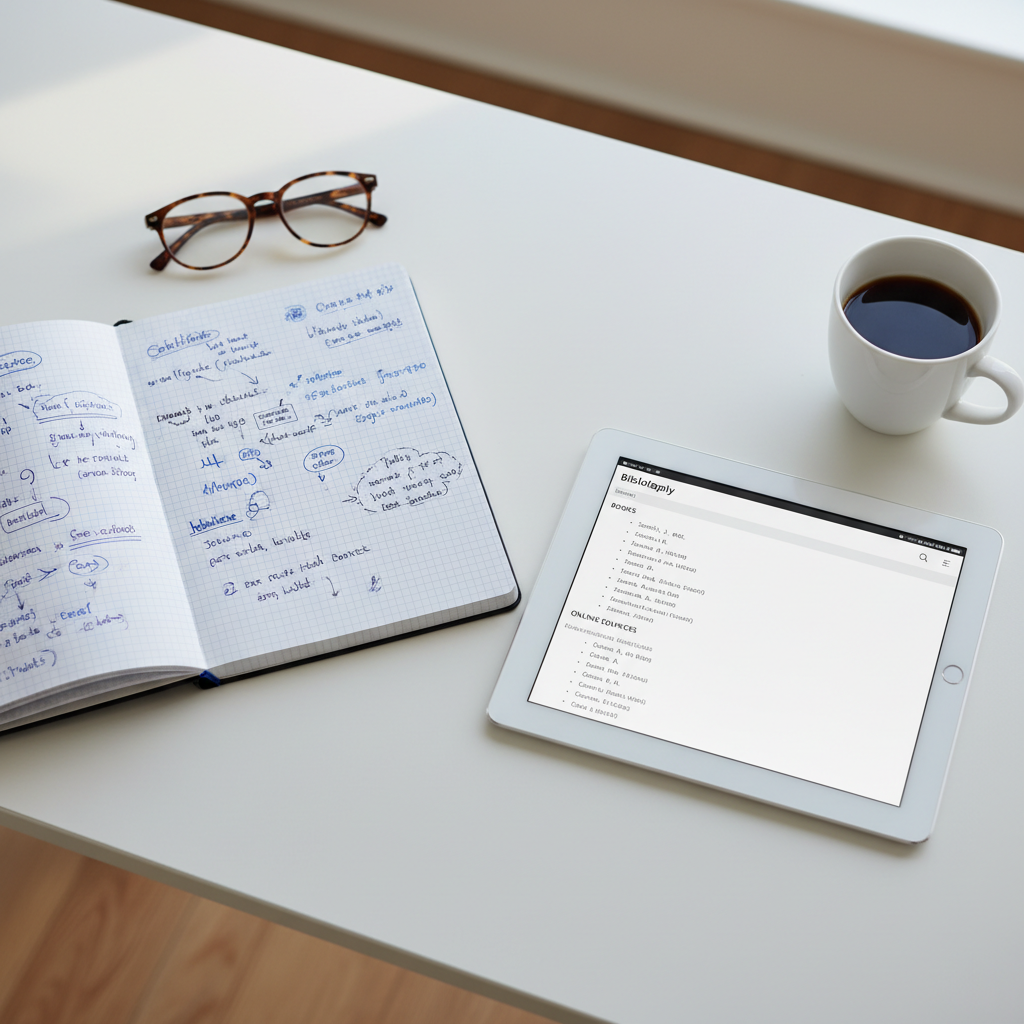 A clean, organized digital workspace showing a structured literature review outline with clear source attributions.