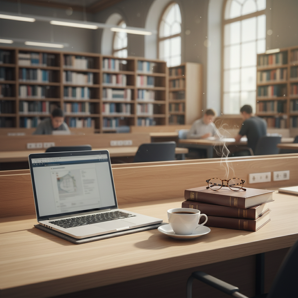 A clean, high-tech workspace showing a laptop with the Thesionyx dashboard open alongside traditional printed academic journals.