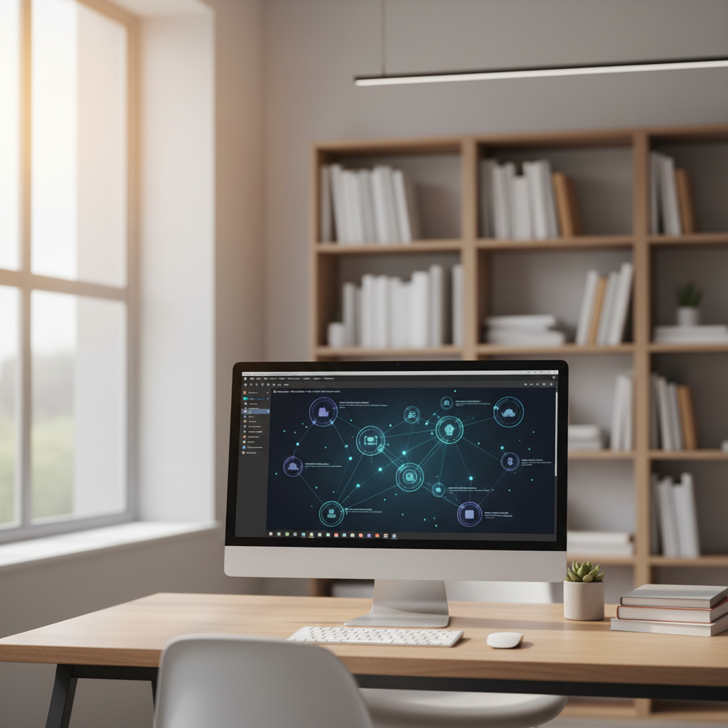 A high-end, minimalist workspace with a modern computer showing complex academic diagrams and research papers.