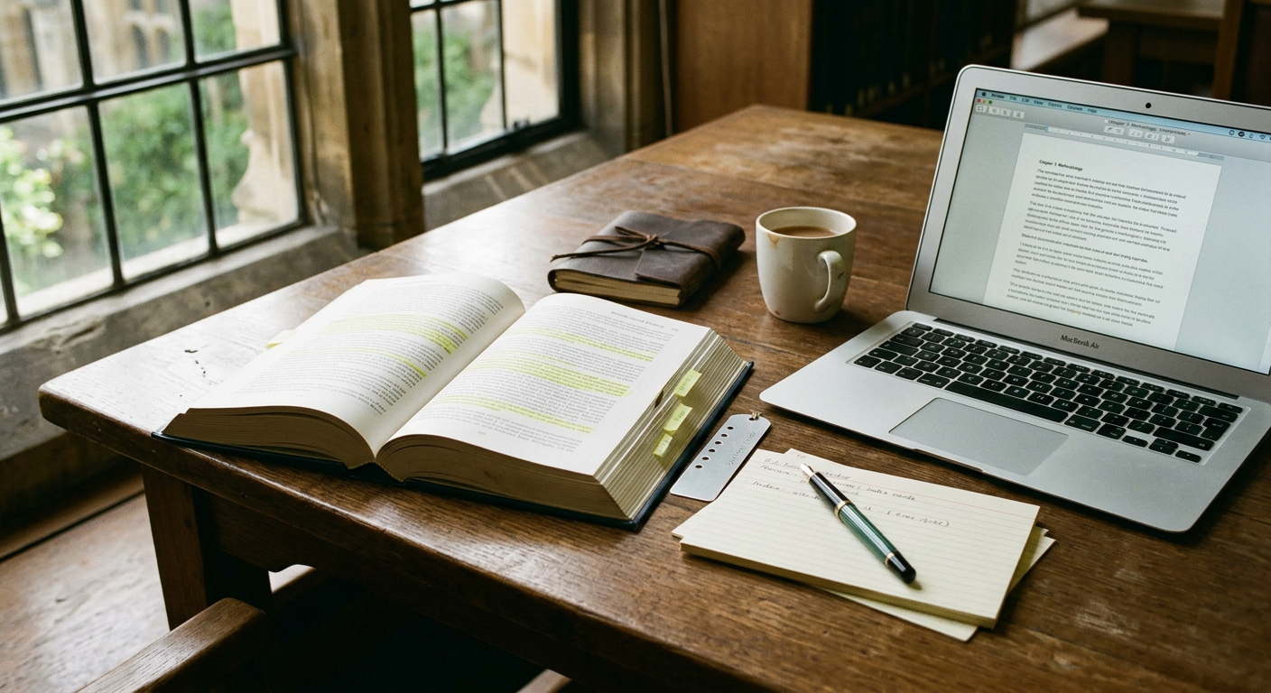 A wooden desk with a stack of academic journals, a heavy pair of reading glasses, and a thick, bound manuscript with handwritten notes in the margins. Daylight streams in from a window.