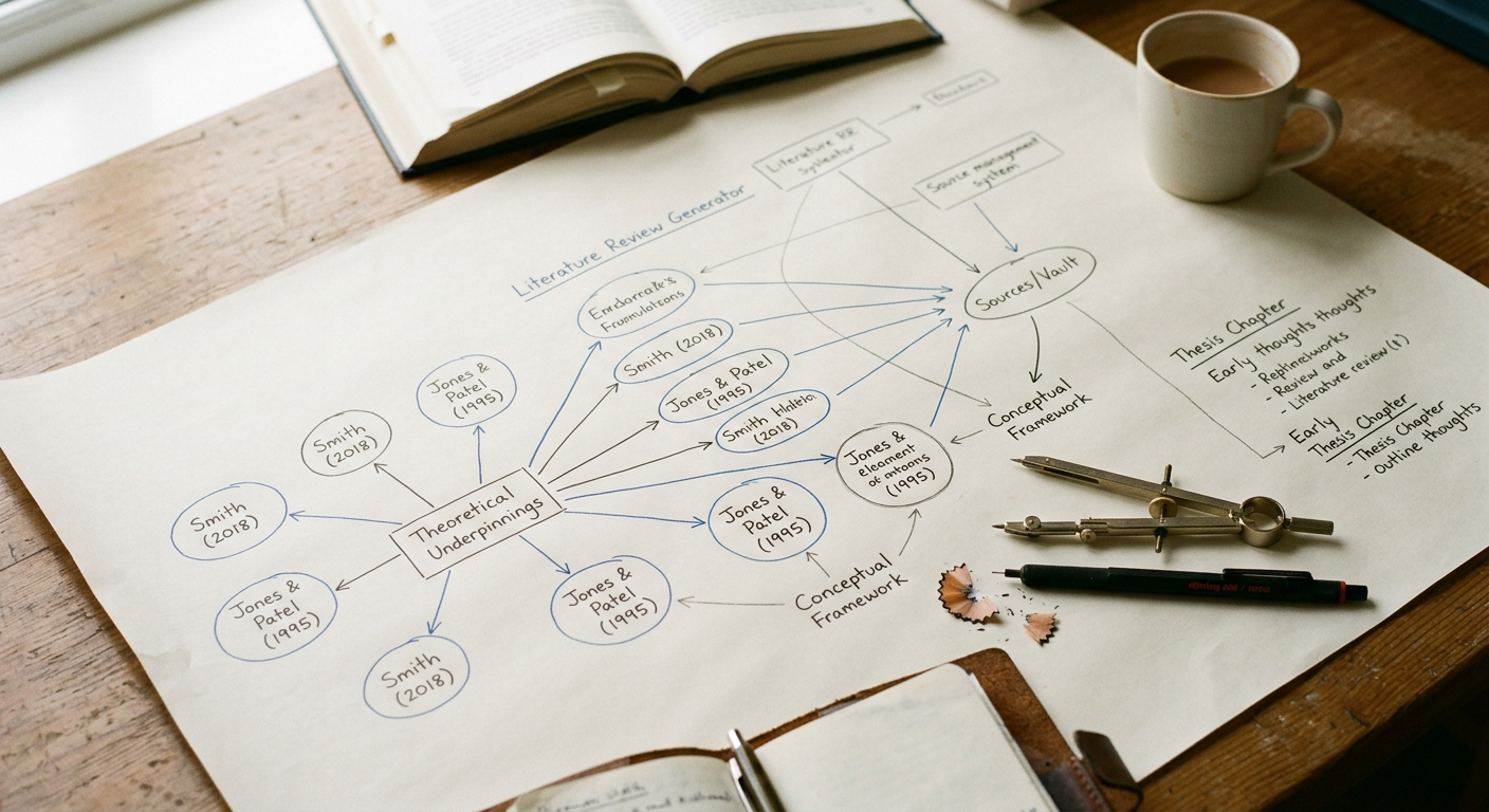 A high-angle shot of a researcher's workspace featuring a printed mind map on a large sheet of paper, a ruler, and several open textbooks.
