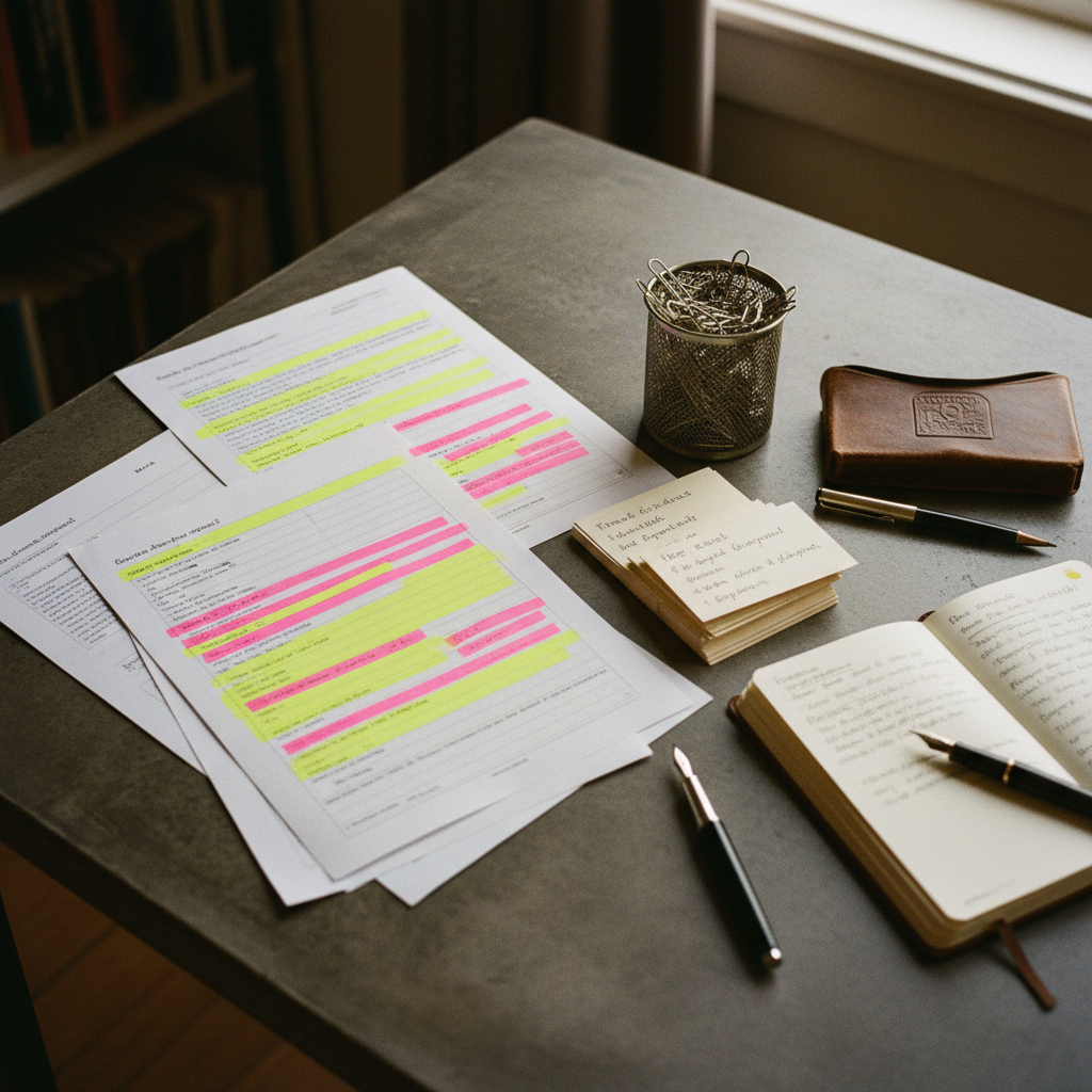 Close-up of a researcher’s workspace with several open notebooks and printed research papers marked with highlighters.
