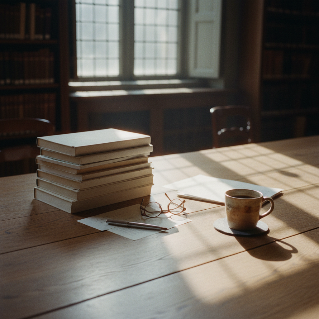 A minimalist wooden desk in a Dutch university library with a stack of academic journals, a fountain pen, and a pair of spectacles.