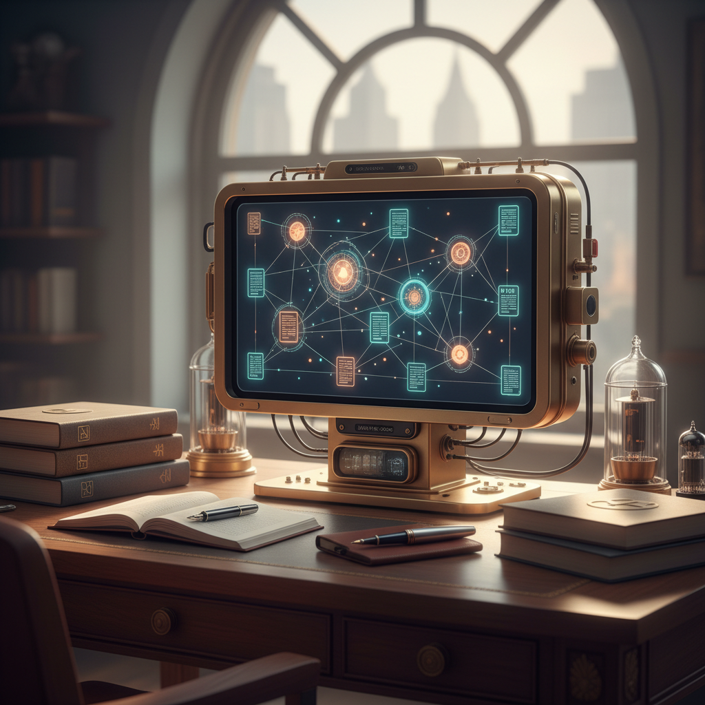 A top-down view of a modern mahogany desk with a notebook, a professional computer monitor showing a complex network of connected research nodes, and a pair of reading glasses.