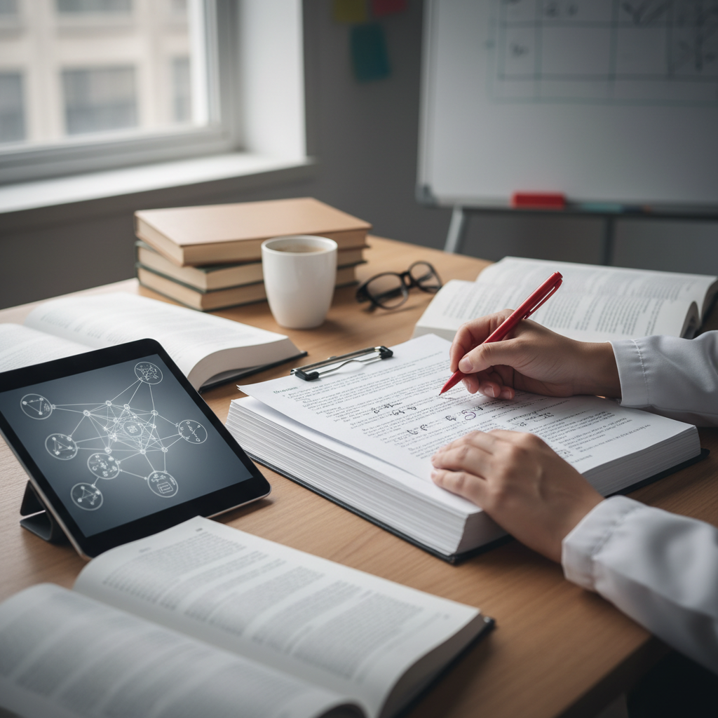 Close up of a researcher annotating a printed document while referring to a digital interface.