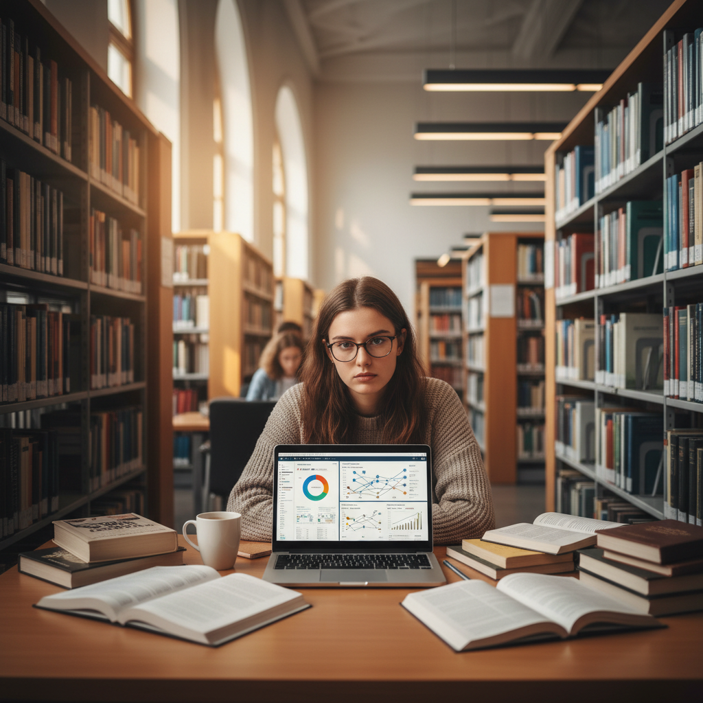 A focused PhD student sitting in a university library with a laptop and various printed research papers, looking confident and prepared.