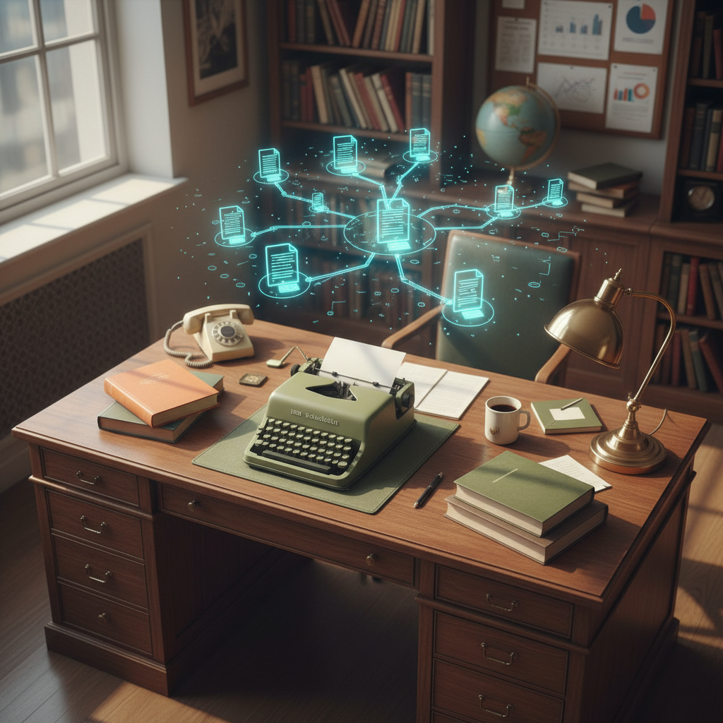 A high-angle shot of a clean, wooden desk featuring a typewriter, a stack of academic journals, and a modern digital interface glowing with a structured document outline.