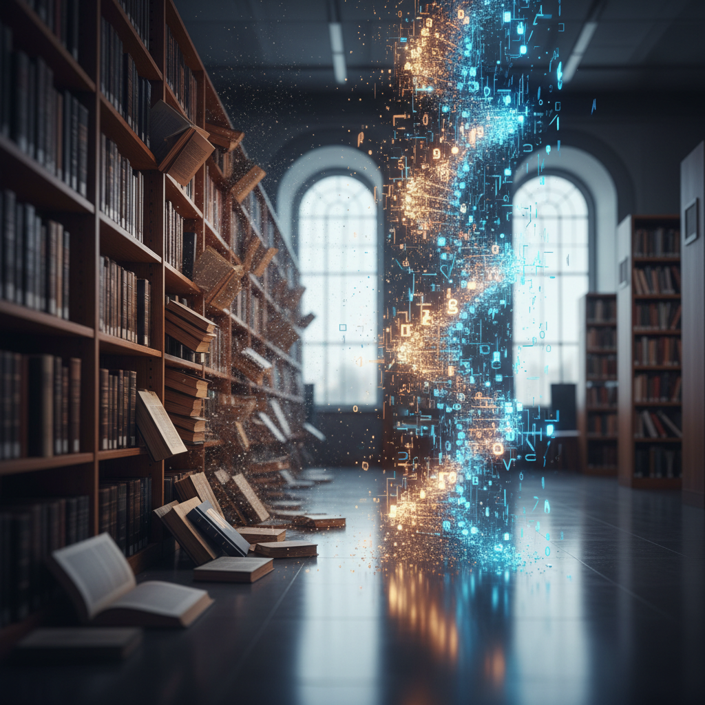 A split-screen visualization showing a messy pile of papers on one side and a perfectly organized, categorized digital library on the other.