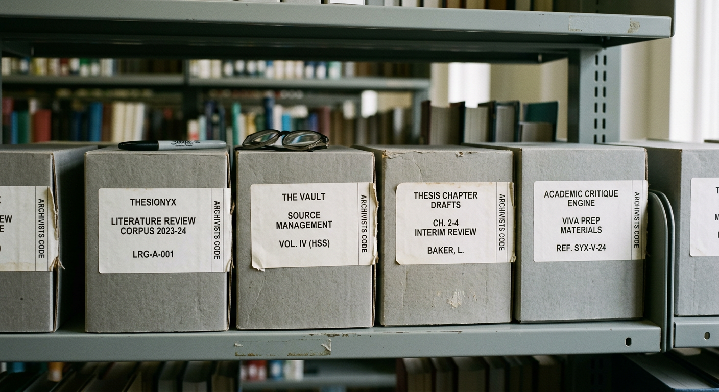 A clean, minimalist university library shelf containing organized archival boxes and reference books, emphasizing systematic knowledge storage.