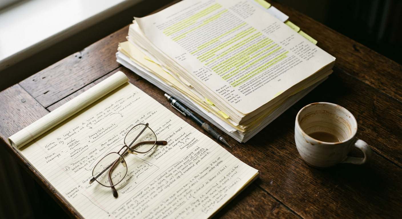 A close-up of an academic's desk featuring a high-quality leather-bound notebook, a thick stack of printed research papers with hand-written margin notes, and a fountain pen, lit by soft morning window light.