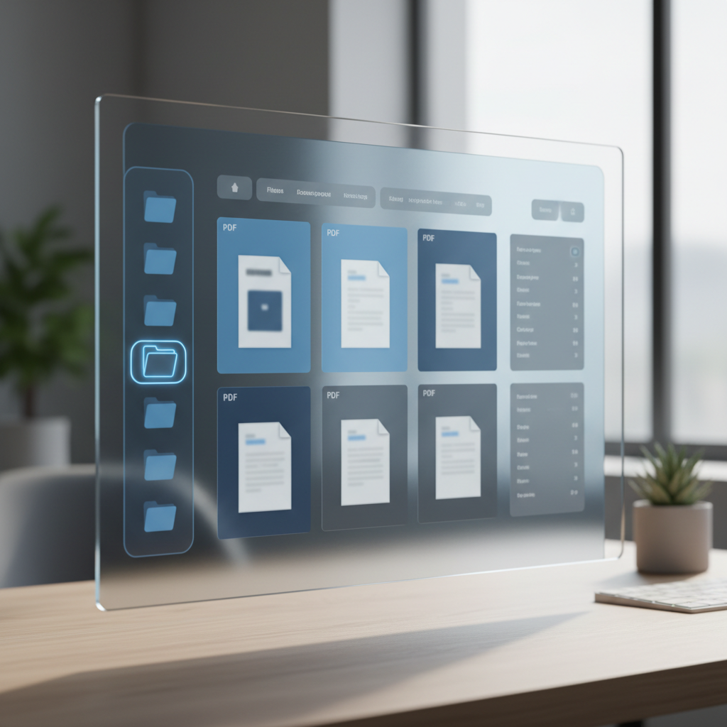 A clean, high-tech digital library interface showing organized research papers and metadata tags on a sleek monitor.
