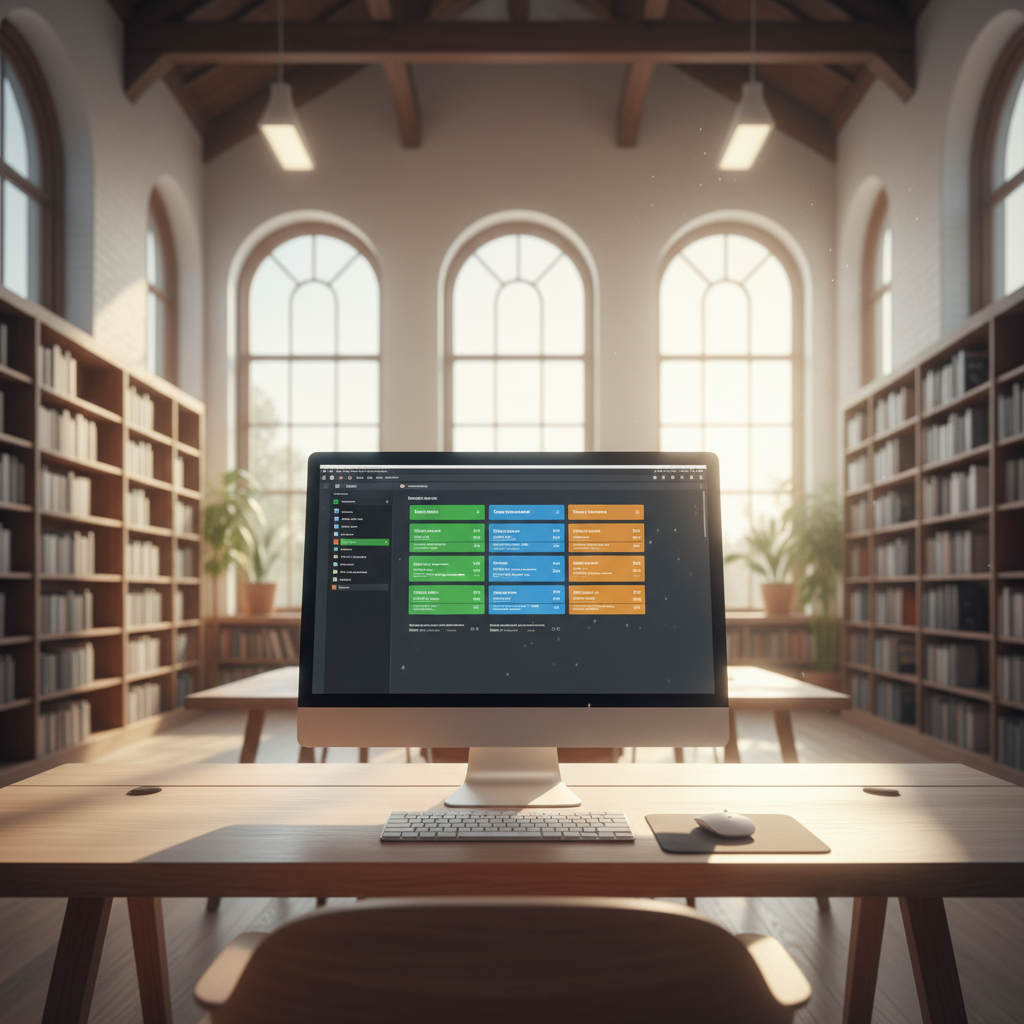A sophisticated digital library interface on a modern workstation showing organized academic papers and connectivity nodes.