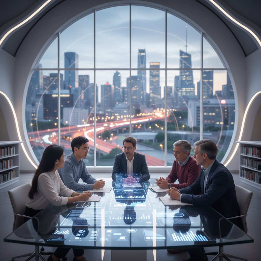 A researcher in a modern office in an Asian metropolitan city looking at a collaborative digital workspace.企