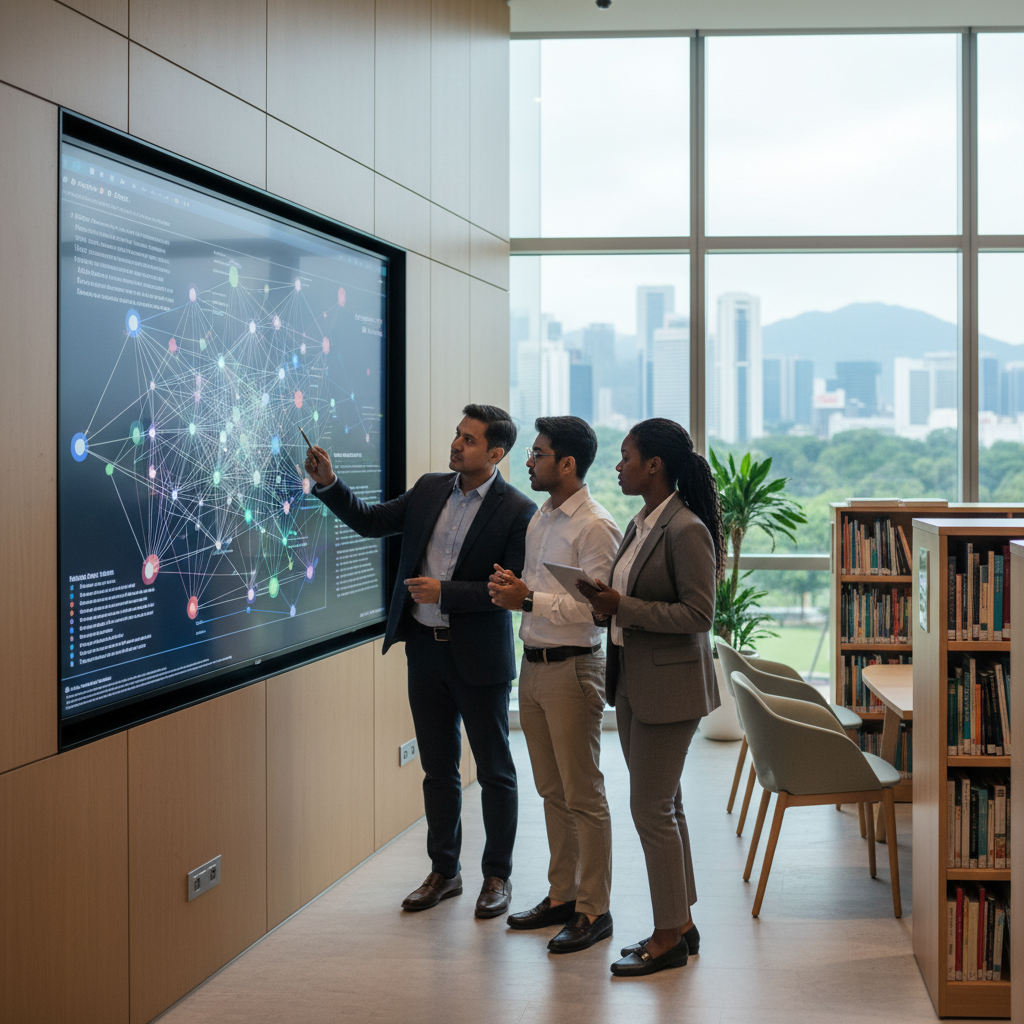 A research team in a modern university library using collaborative software.