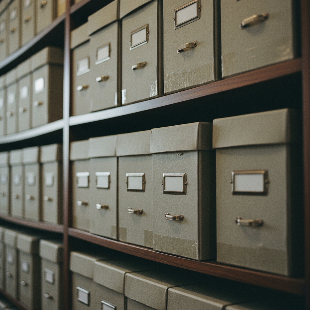 A close-up of a meticulously organized library shelf with archival boxes.