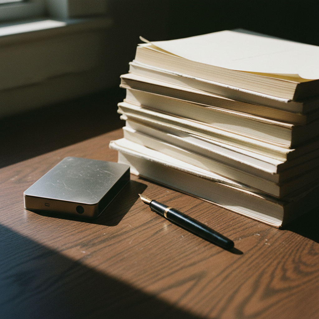 A wooden desk with a stack of academic journals, a fountain pen, and a high-end metal storage drive. High-contrast morning sunlight.