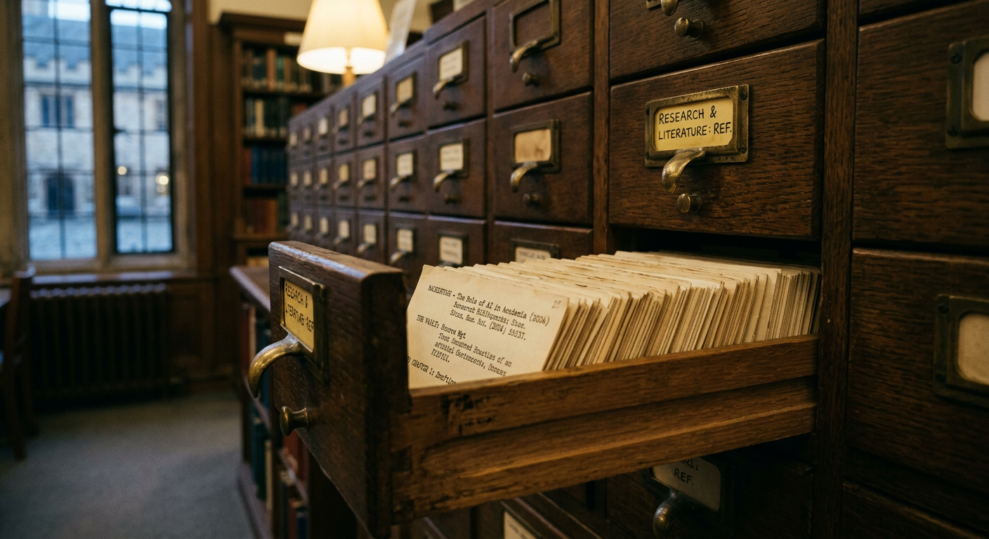 A wooden library card catalog drawer pulled open, showing thick cardstock dividers with handwritten labels and alphabetized entries.