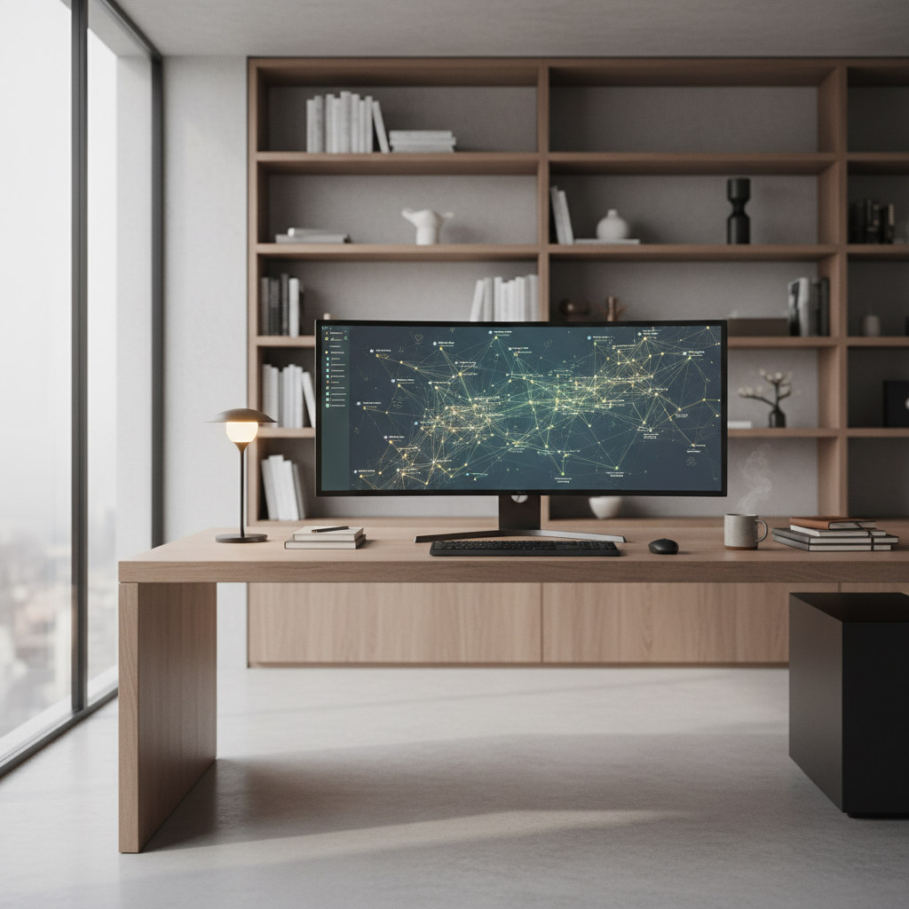 A sophisticated digital library interface showing interconnected nodes of research papers and citation data on a sleek monitor.