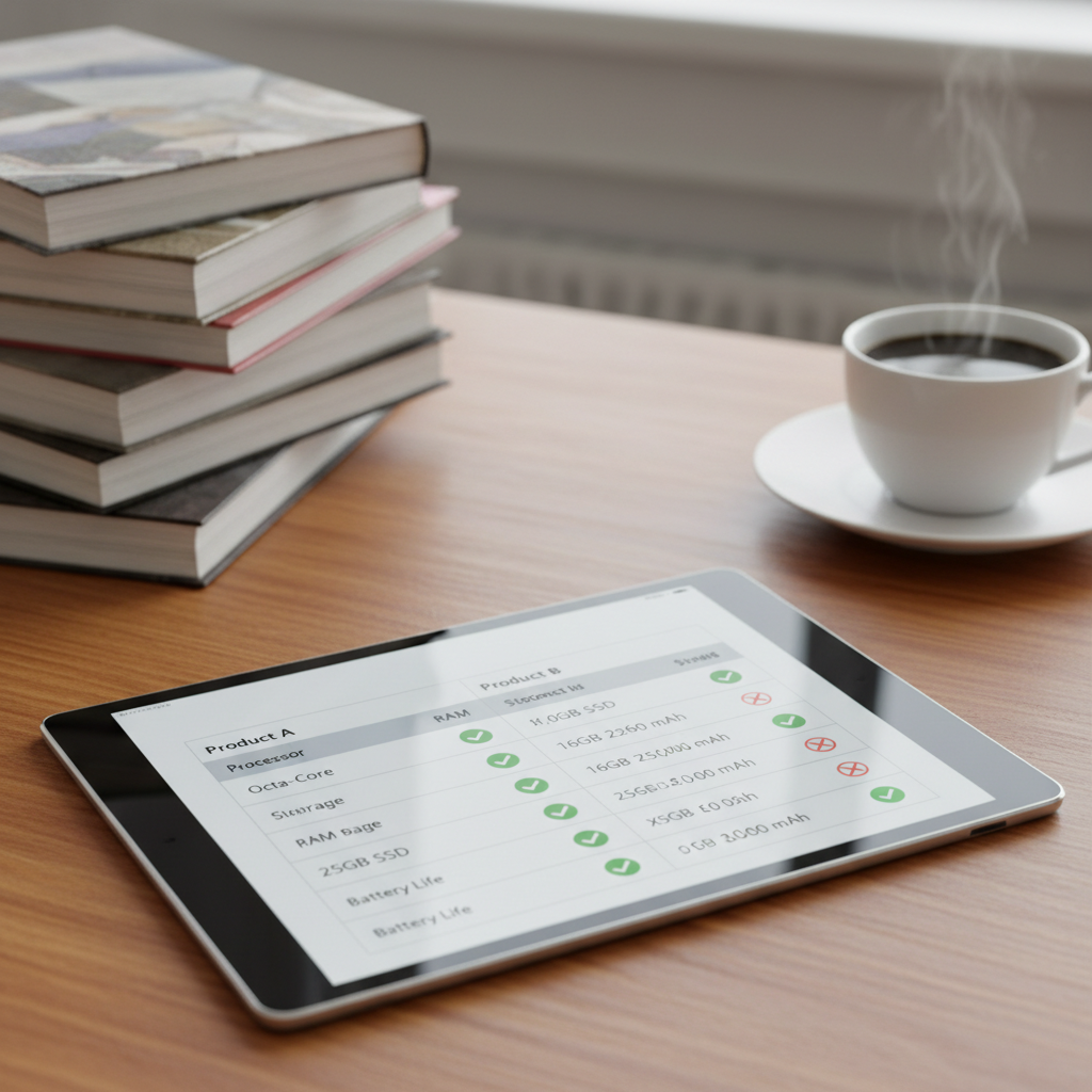 A side-by-side technical comparison chart on a digital tablet showing feature sets of academic software.