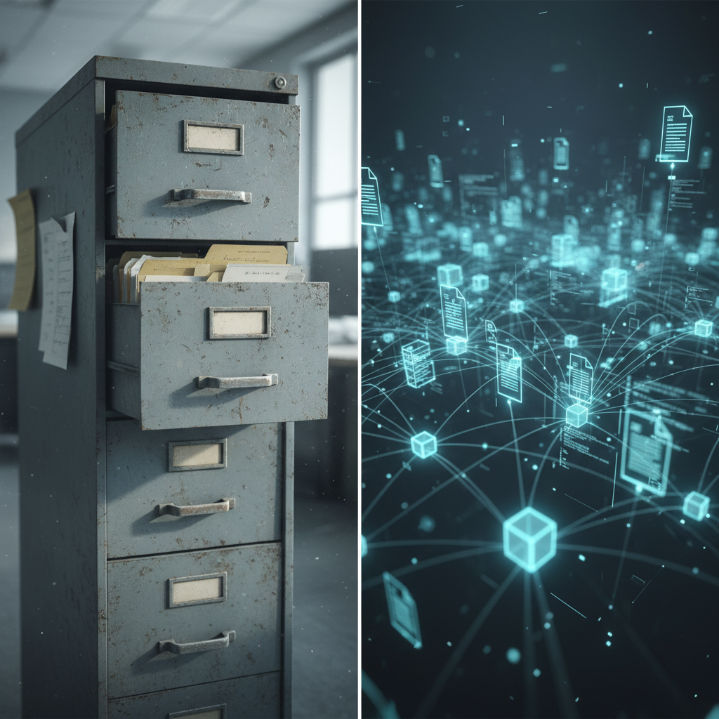 A side-by-side comparison visualization of traditional folder structures versus a dynamic research vault.