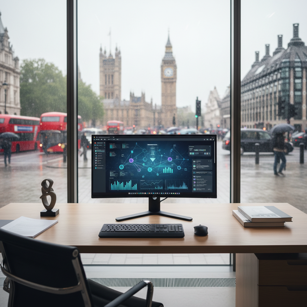 A tidy, high-tech academic research office with multiple monitors displaying complex data structures and academic papers.