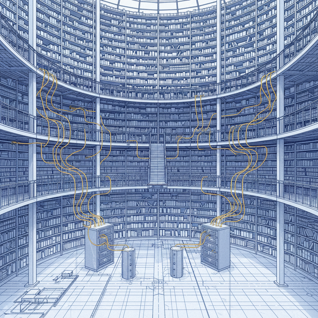A conceptual diagram of a digital brain connecting various books and academic journals with glowing lines of light.