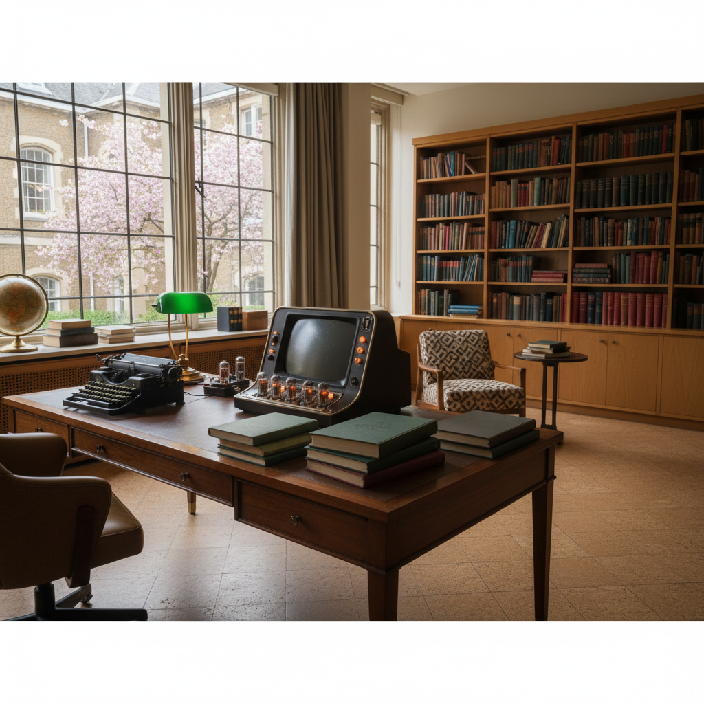 A sophisticated teak-wood study desk with a high-end mainframe terminal, neat stacks of academic journals, and a glowing digital interface showing a database structure.