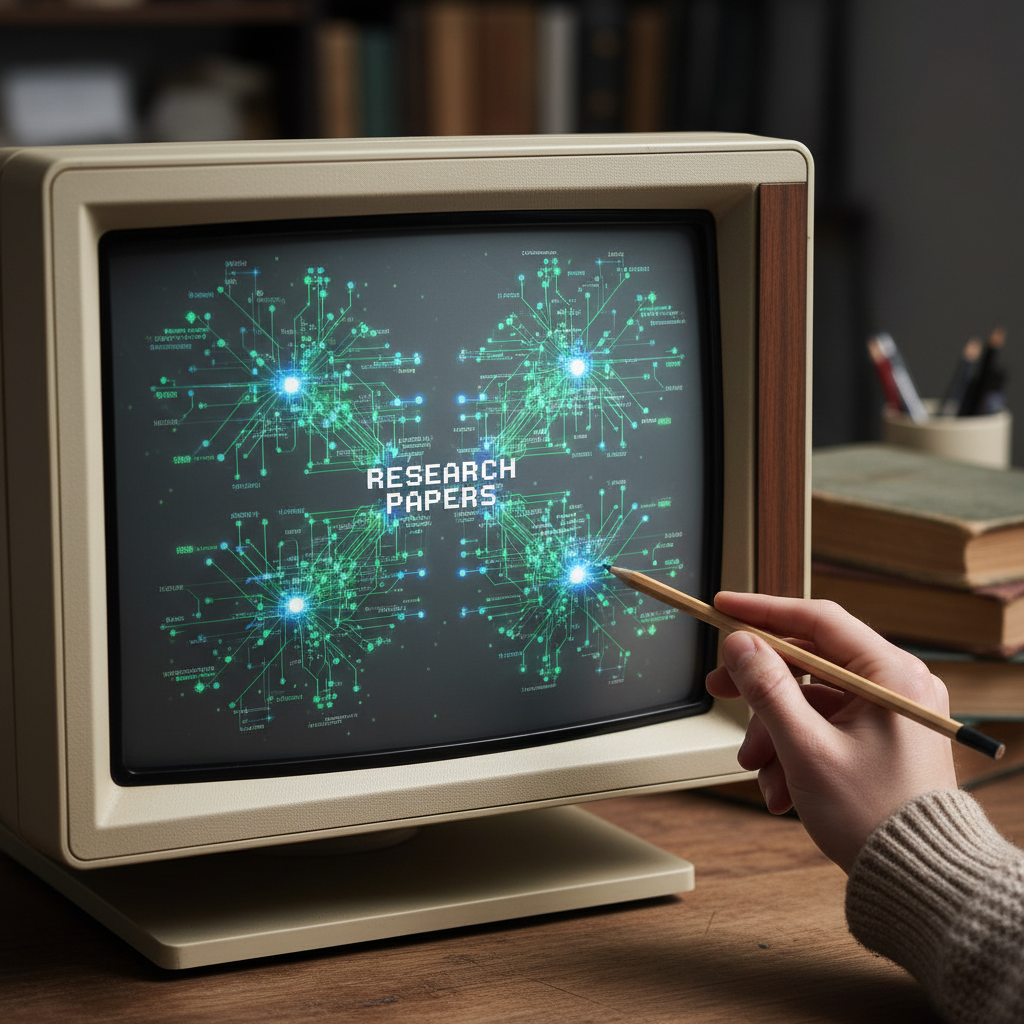 A visual diagram showing interconnected nodes of data representing a thesis structure, displayed on a monochrome monitor.