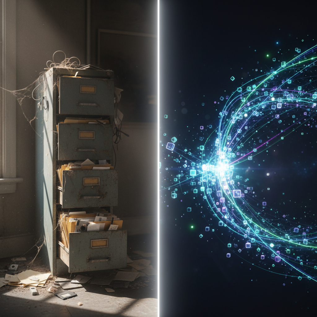 A split-screen comparison showing a traditional folders list versus an AI-powered insights panel.
