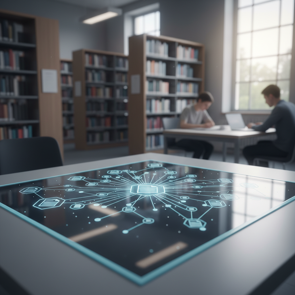 A sophisticated digital dashboard showing interconnected research papers and thematic clusters.
