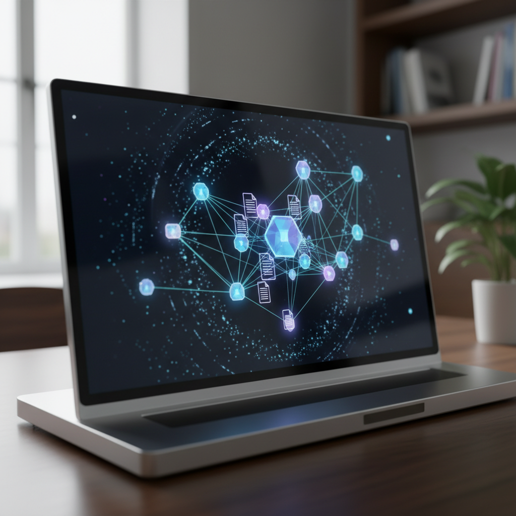 A high-tech digital library interface with glowing connections between academic documents.