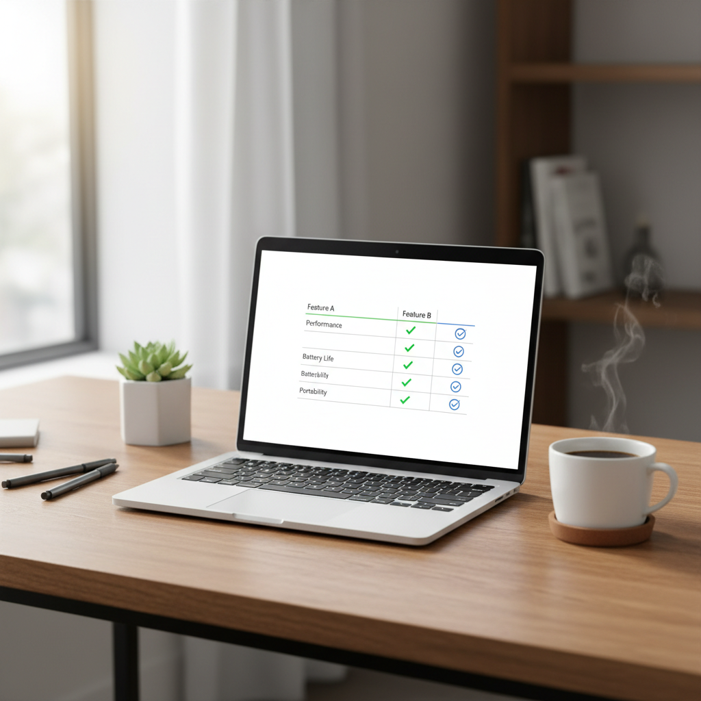 A side-by-side comparison chart of software features on a modern laptop screen.