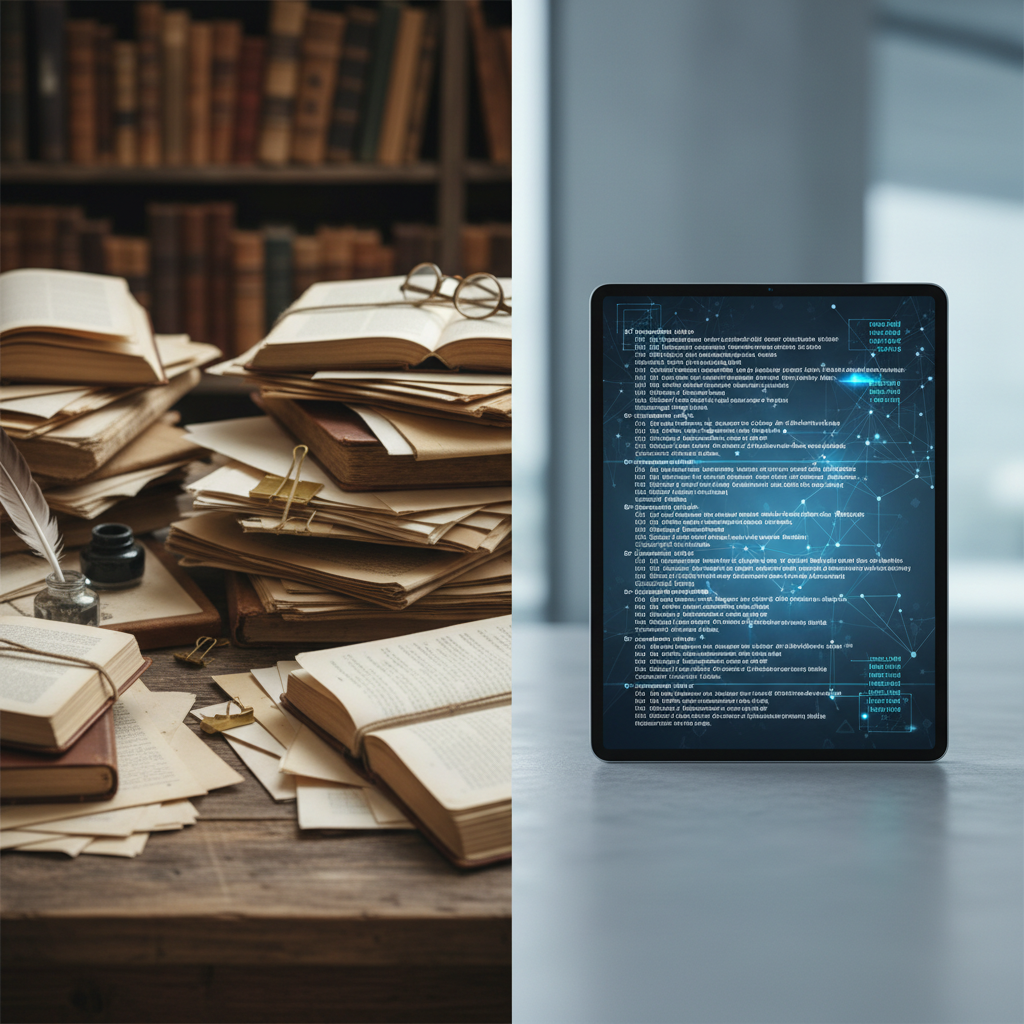 A side-by-side comparison of a cluttered desk with paper files versus a sleek tablet showing an organized digital database.
