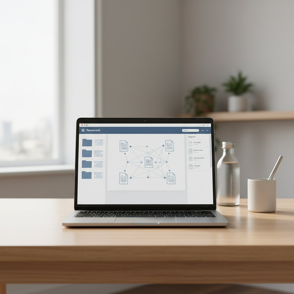 A high-tech digital library interface with glowing nodes connecting various research papers.