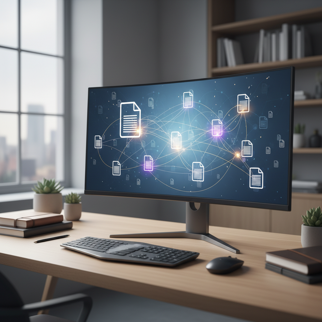A sophisticated digital library interface showing interconnected nodes of research papers on a sleek monitor.