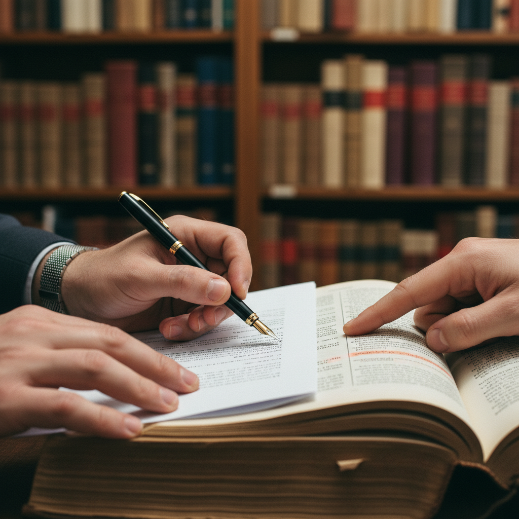 A researcher cross-referencing a large encyclopedia with a handwritten manuscript, illustrating the rigorous verification process of The Vault.