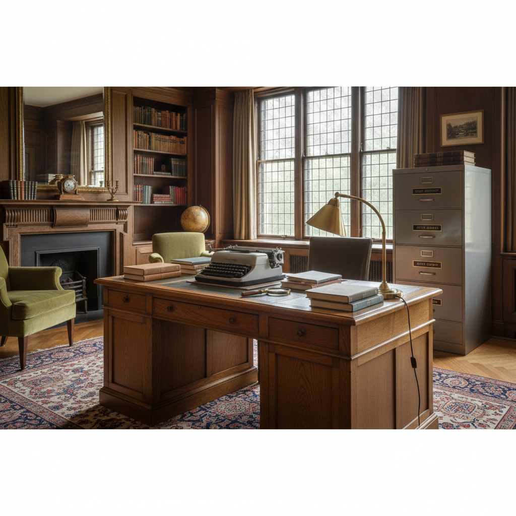 A high-angle view of a meticulously organized mahogany desk featuring a classic typewriter, stacks of research papers, and a sophisticated filing cabinet representing 'The Vault'.
