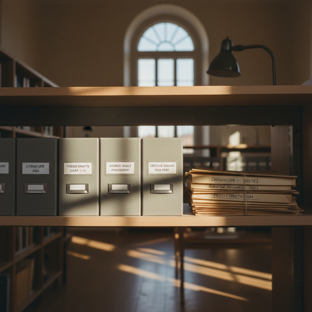 A shelf of organized archival boxes and folders in a university library.