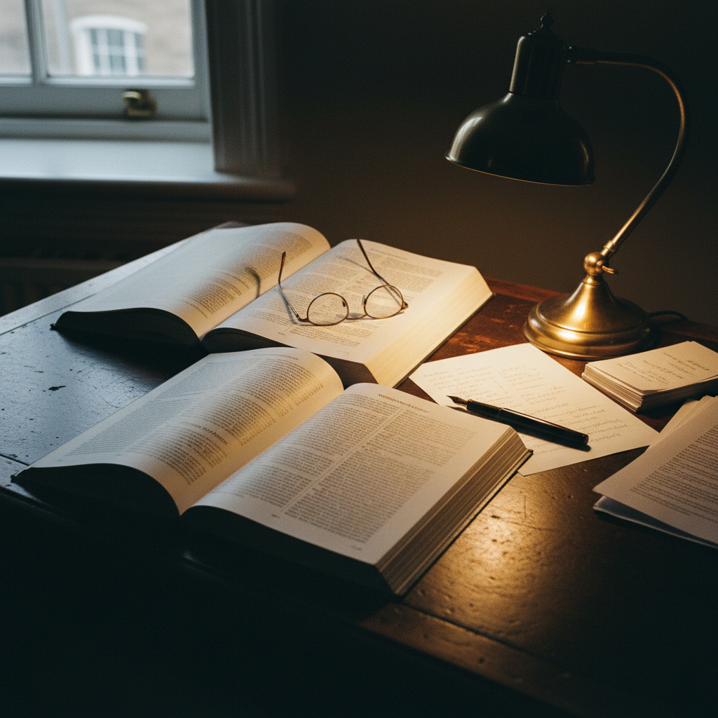A close-up of a weathered mahogany desk with a stack of academic journals and a single fountain pen.