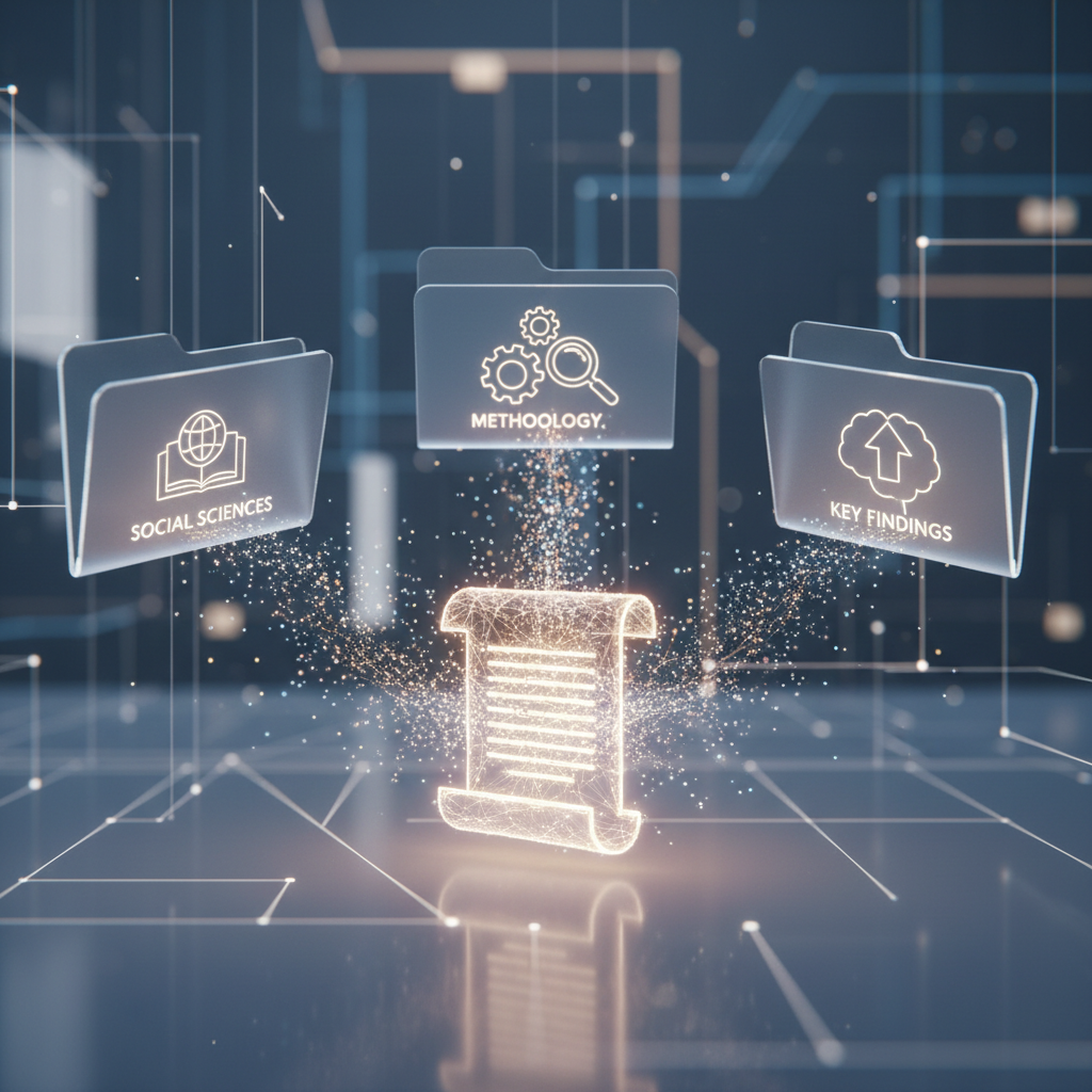 A digital visualization of research papers connecting to a central hub, representing 'The Vault'.