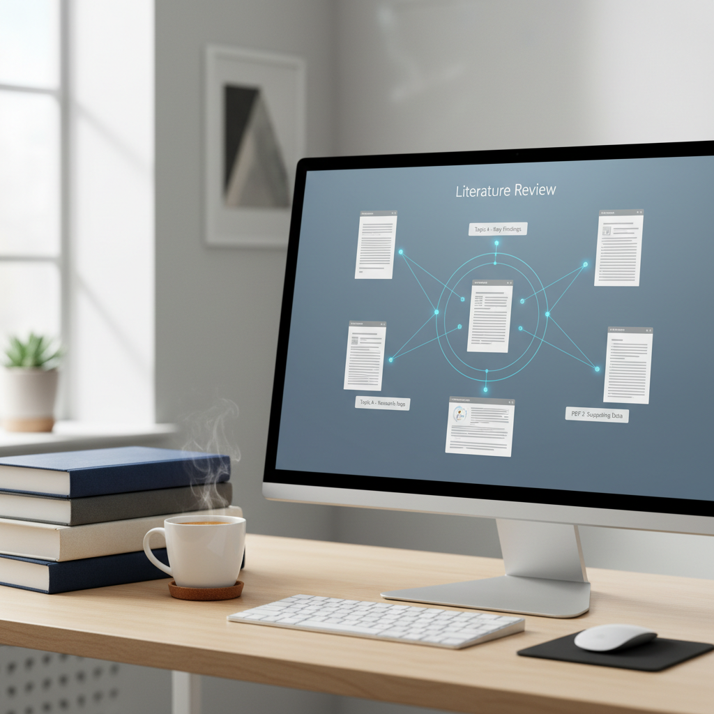 A clean, modern home office setup with a high-end computer showing a split screen of academic papers and a drafting tool.