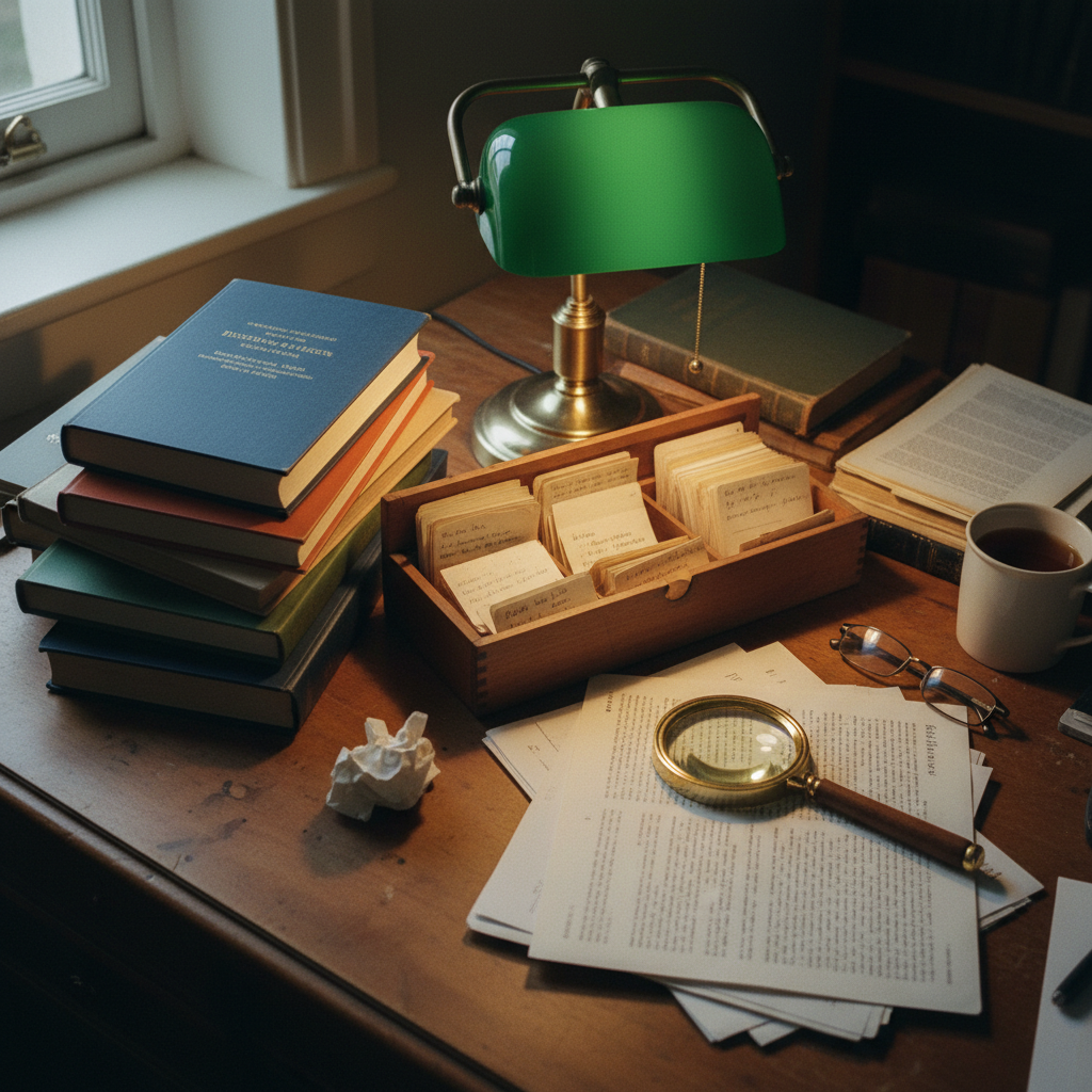 A researcher's desk with stacks of leather-bound books, a metal desk lamp, and a meticulously organized pile of index cards.