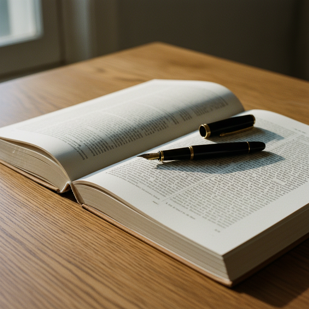 A close-up of an open hardcover academic journal resting on a dark wooden library table, showing fine print and a fountain pen.