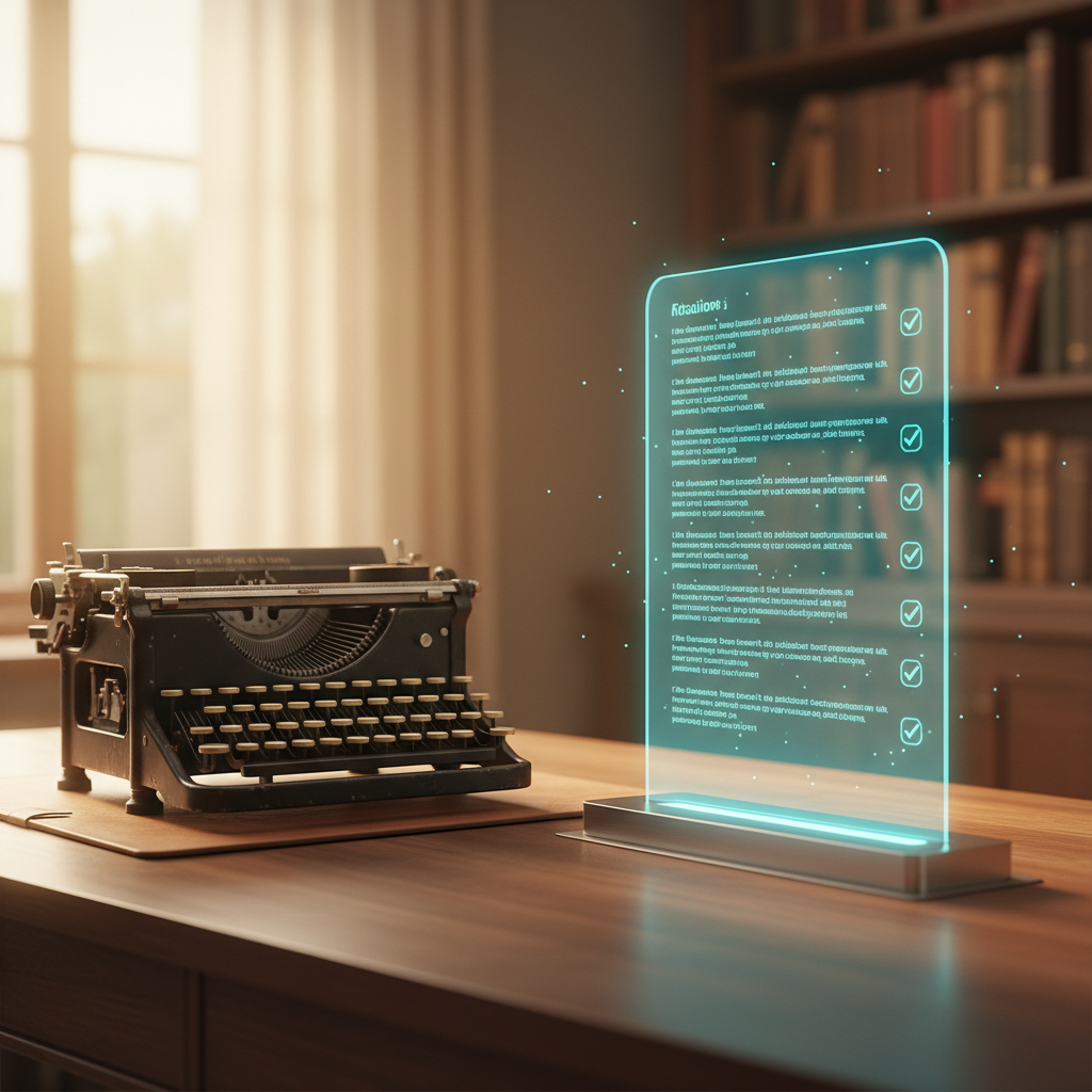 A close-up of a researcher meticulously reviewing a stack of academic papers next to a glowing modern computer interface showing a verified checkmark.